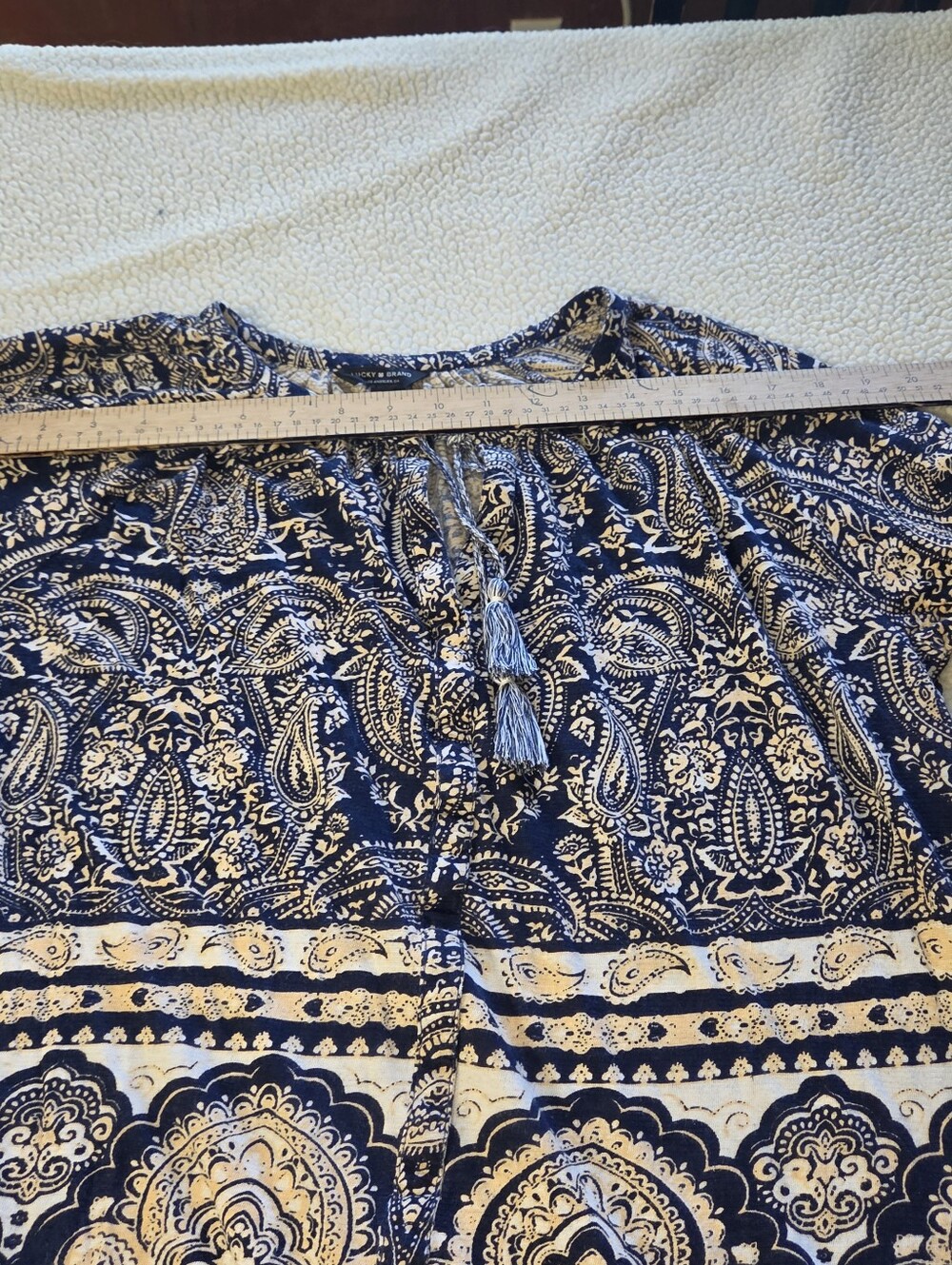 Lucky Brand M Medium Boho Paisley Tie-Neck Peasant Blouse - Navy/Cream - Picture 5 of 7